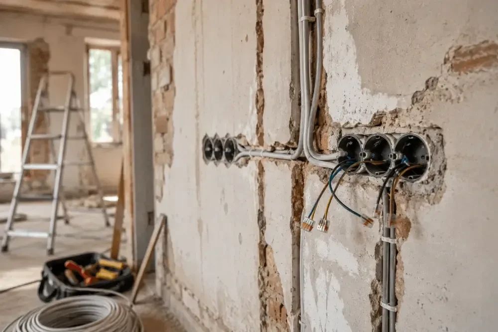 Nye elrør og stikkontaktdåser trukket i en væg under renovering